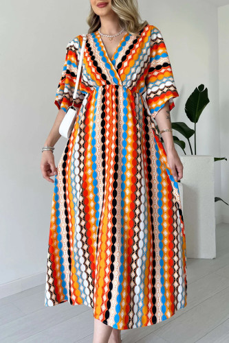 Multicolor Elegant Plaid Patchwork V Neck A Line Dresses
