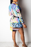 Multi-color Geometric Print Turndown Collar Colorblock Buttons Office Blouses Long Sleeve Shirts Long Tops