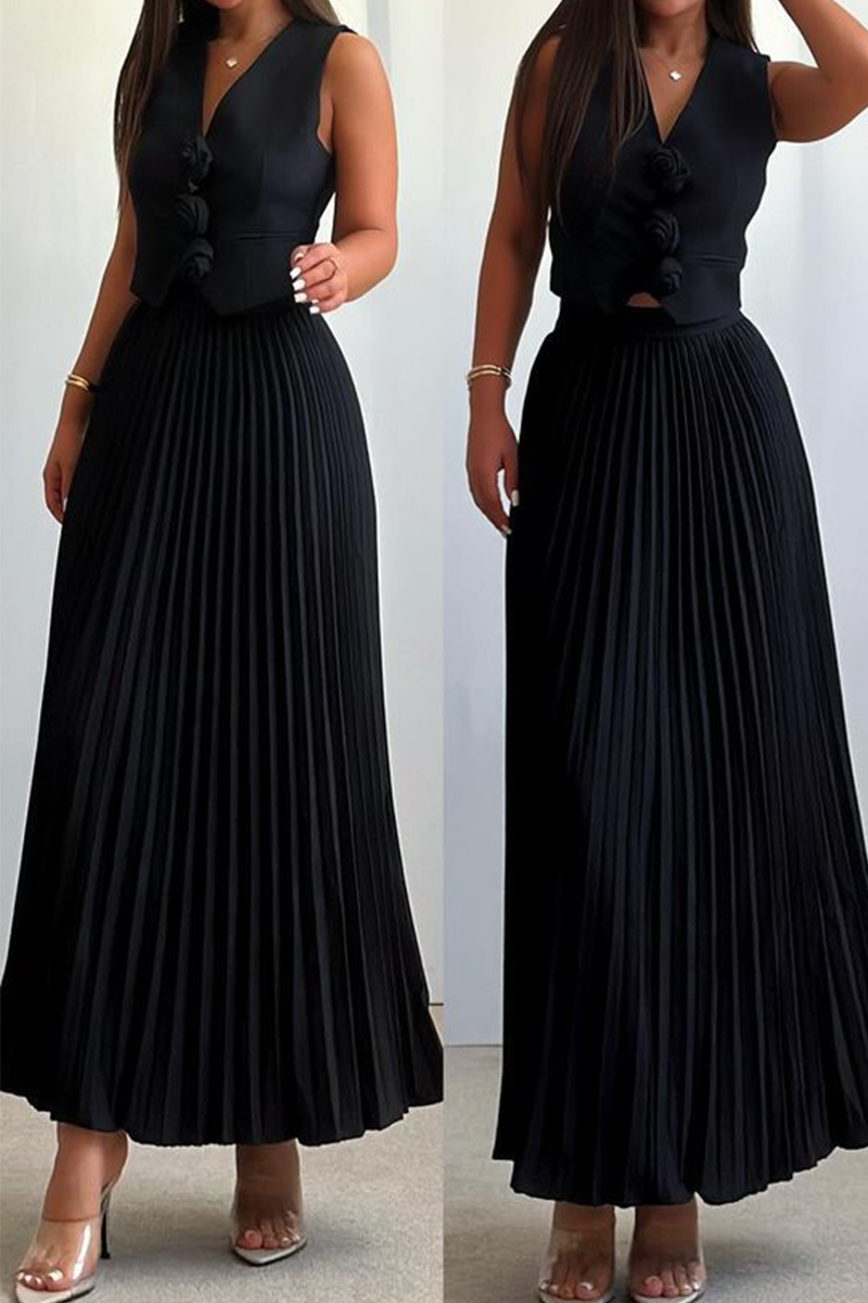 Two-Piece Set with Embellished High-Neck Sheer Top and Maxi Skirt - Black