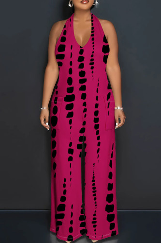Rose Red Casual Tie Dye Patchwork Backless Halter Loose Jumpsuits