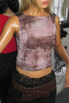 Purple Tie Dye Print Sleeveless Backless Lace Patchwork O Neck Skinny Crop Tank Top
