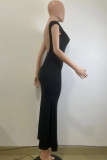Coral Powder Elegant Solid Patchwork Backless O Neck Long Dresses