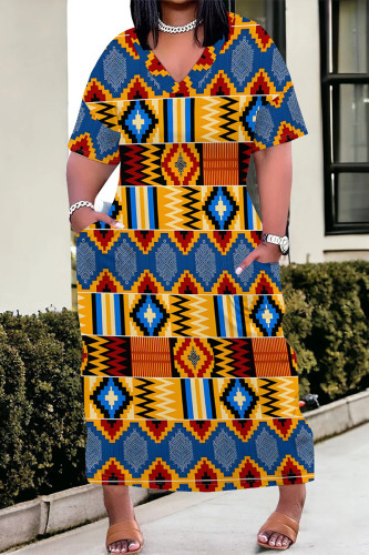 Blue Casual Geometric Print Pocket Contrast V Neck Printed Plus Size Dresses