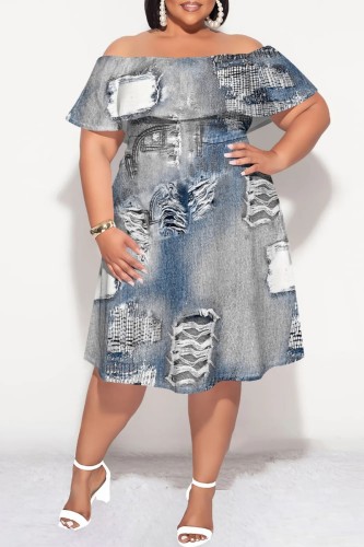 Light Color Casual Print Patchwork Off Shoulder Short Sleeve Plus Size Dresses