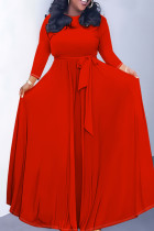 Red Casual Solid Color Belted O Neck Long Dresses