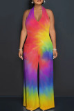 Rainbow Color Street Tie Dye Patchwork Backless Strap Design Halter Loose Jumpsuits