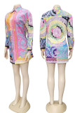 Multi-color Geometric Print Turndown Collar Colorblock Buttons Office Blouses Long Sleeve Shirts Long Tops