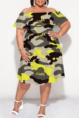 Camouflage Casual Print Patchwork Off Shoulder Short Sleeve Plus Size Dresses