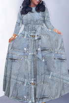The cowboy blue Casual Print Belted O Neck Long Dresses