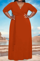 Orange Red Casual Solid Color Lace Up V Neck Printed Plus Size Dresses