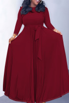 Deep Red Casual Solid Color Belted O Neck Long Dresses