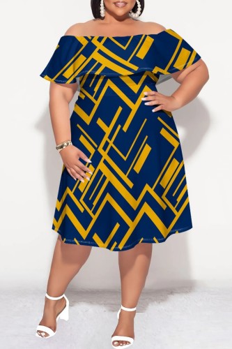 Navy Blue Casual Print Patchwork Off Shoulder Short Sleeve Plus Size Dresses