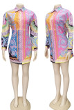 Multi-color Geometric Print Turndown Collar Colorblock Buttons Office Blouses Long Sleeve Shirts Long Tops
