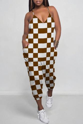 Brown Casual Daily Plaid Print Pocket Contrast V Neck Loose Jumpsuits