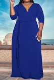 Green Casual Solid Color Lace Up V Neck Printed Plus Size Dresses