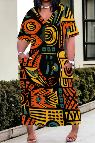 Yellow Casual Geometric Print Pocket Contrast V Neck Printed Plus Size Dresses