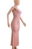 Coral Powder Elegant Solid Patchwork Backless O Neck Long Dresses