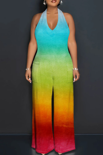 Green Street Tie Dye Patchwork Backless Strap Design Halter Loose Jumpsuits