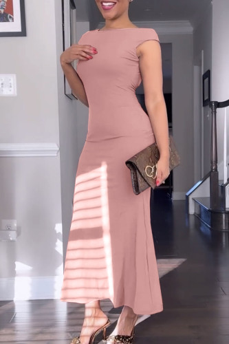 Coral Powder Elegant Solid Patchwork Backless O Neck Long Dresses