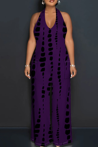 Dark Purple Casual Tie Dye Patchwork Backless Halter Loose Jumpsuits