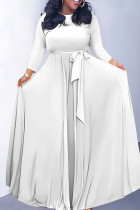 White Casual Solid Color Belted O Neck Long Dresses