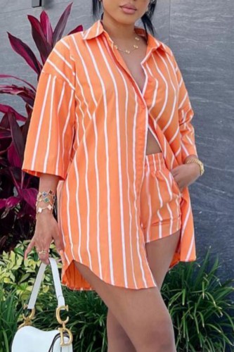 Orange Casual Striped Print Buttons Shirt Collar Three Quarter Two Pieces