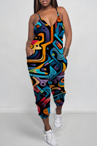 Blue Casual Print Patchwork Spaghetti Strap Regular Jumpsuits