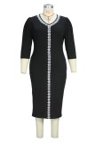 Black Casual Patchwork Embroidered V Neck Wrapped Skirt Plus Size Dresses