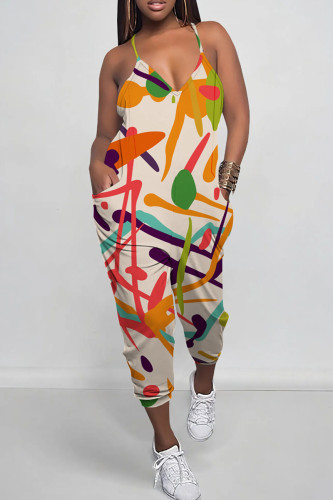 Apricot Casual Print Patchwork Spaghetti Strap Regular Jumpsuits