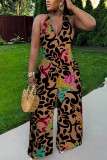 Green Sexy Casual Print Lace Up Backless Halter Bodycon Jumpsuits