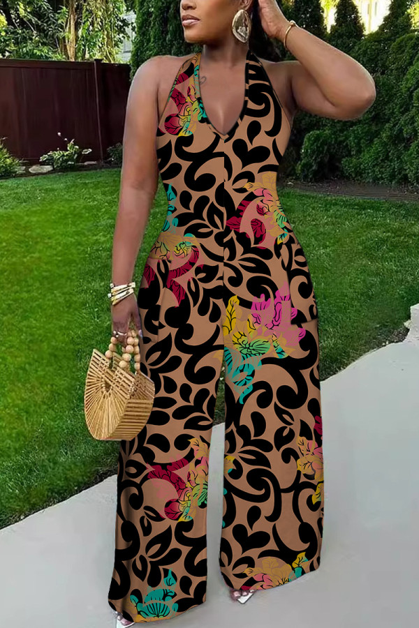 Black Brown Sexy Casual Print Lace Up Backless Halter Bodycon Jumpsuits