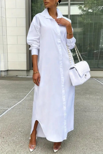 White Casual Solid Color Buttons Turndown Collar Shirt Dresses