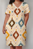 Apricot Casual Geometric Print Pocket Contrast V Neck Printed Plus Size Dresses