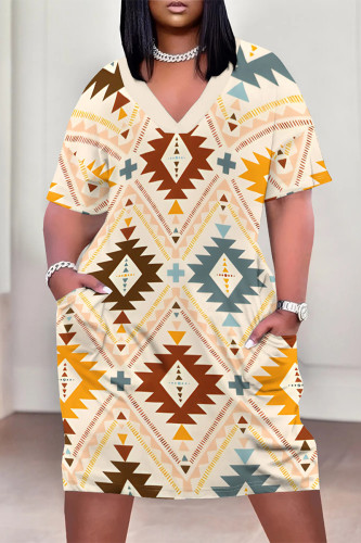 Apricot Casual Geometric Print Pocket Contrast V Neck Printed Plus Size Dresses
