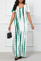 Green Casual Striped Print Pocket Contrast V Neck Printed Dresses