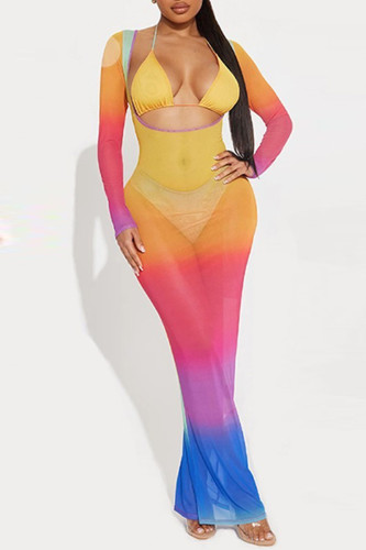 Multi-color Sexy Print Hollow Out Belted Halter Two Pieces