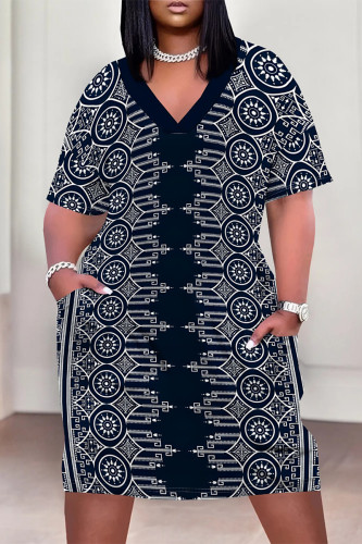 Navy Blue Casual Geometric Print Pocket Contrast V Neck Printed Plus Size Dresses