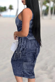 Baby Blue Sexy Faux Denim Print Contrast U Neck Printed Dresses