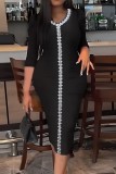 Black Casual Patchwork Embroidered V Neck Wrapped Skirt Plus Size Dresses