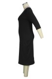 Black Casual Patchwork Embroidered V Neck Wrapped Skirt Plus Size Dresses