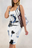 Baby Blue Sexy Faux Denim Print Contrast U Neck Printed Dresses
