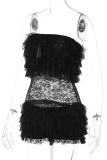 Black Sexy Solid Color Lace Patchwork See-Through Mesh Strapless Skinny Rompers