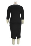 Black Casual Patchwork Embroidered V Neck Wrapped Skirt Plus Size Dresses