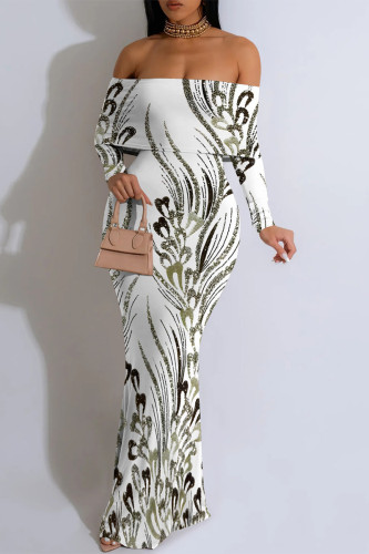 White Elegant Striped Print Contrast Off Shoulder Printed Dresses