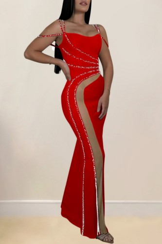 Red Sexy Patchwork Hot Drilling See-Through Backless Spaghetti Strap Long Dresses