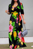 Navy Blue Elegant Floral Print Lace Up V Neck Printed Dresses