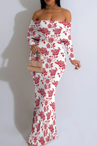 White Red Sexy Print Patchwork Backless Off Shoulder Long Dresses
