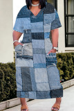 Deep Blue Elegant Print Pocket Patchwork V Neck Straight Plus Size Dresses
