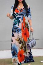 Pink Elegant Floral Print Lace Up V Neck Printed Dresses