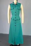 Green Elegant Solid Color Pocket Buckle Patchwork Turndown Collar Long Dresses